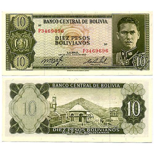 Bolivie / Billet De 10 Pesos Bolivianos De 1962 / Portrait De German Busch Becerra