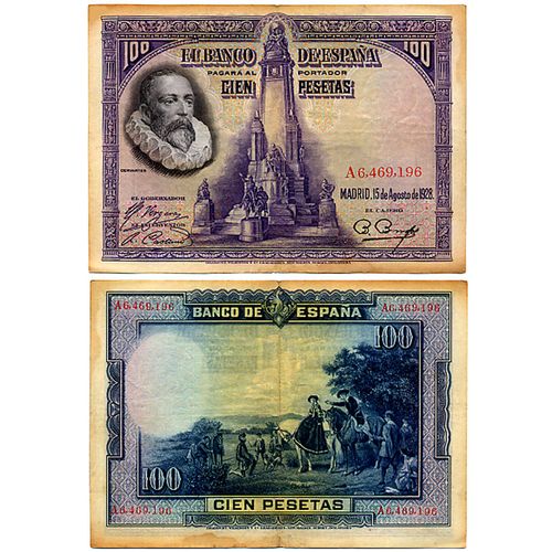 Espagne / Billet De 100 Pesetas De 1928 / Portrait Miguel De Cervantes