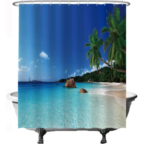 ERSHI-Rideau de Douche - Plage Nature Mer île Palmier - 180 x 200 cm - Lavable - Anti Moisissure - Imperméable - avec 12 Anneaux -[4
