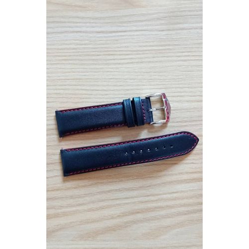 Bracelet De Montre En Veau Noir ,Taille 22 ,Surpiqué Couture Rouge