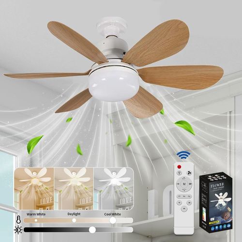 asas-Ventilateur De Plafond Avec Lumière Et Telecommande,Led Ventilateur Dimmable Plafonnier Avec 40W E27 Lampe Intégrée,6 Pales,3 Vitesses,Silencieux,Pour Salon,Chambre,Coucher(Grain De Bois)