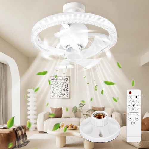 asas-Ventilateur De Plafond Avec Lumiere Et Telecommande,Ventilateur Plafond Silencieux Avec Douille E27,Lampe Ventilateur Plafond,Plafonnier Ventilateur,360° Rotation,3 Vitesses,Timing
