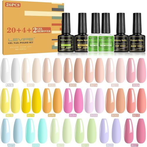 Asas-Vernis Semi-Permanent 26pcs,20 Couleurs Populaires Lot Vernis Gel Uv Led Avec 1 Base Coat,1 Glossy,1 Matte Top Coat,1 Top Coat Fluorescent Et 2 Vernis Remover,8ml 