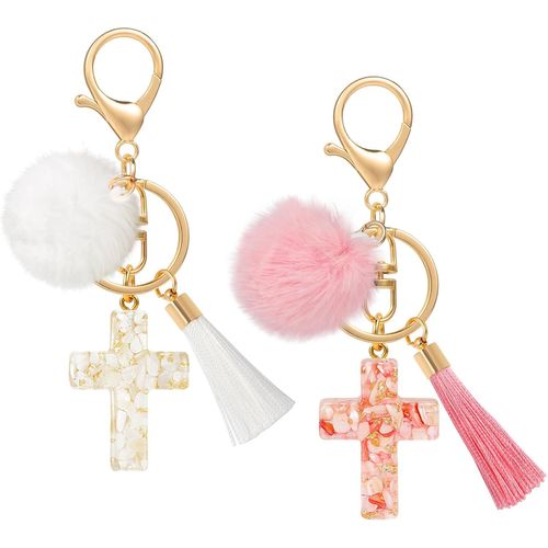 Asas-2 Pièces Porte Clé Croix Peluche Tassel,Chrétien Porte Clé Croix Keychain,Kawaii Croix Porte Clef Fille Porte Clé Pendentif Décoratif,Accessoire Voiture Charm Porte Clé Cadeau Fille Women