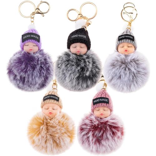 asas-Mignon Duveteux Endormi Bébé Poupée Porte-Clés Pompom Femmes Voiture Extérieur Métal Sac À Dos Téléphone Pendant-5 Pcs