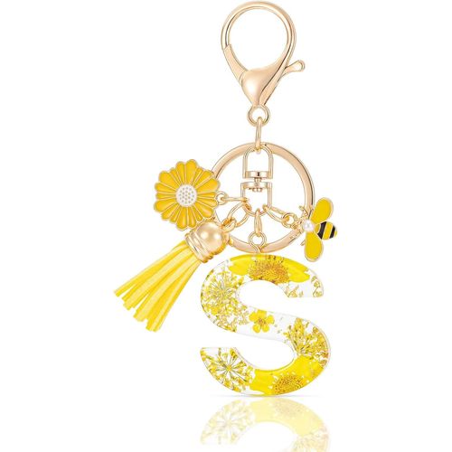 Asas-Letter Keychains Initiale Lettre Porte Clef Lettre,Alphabet Initial Keyring Avec Pampille Pendentif,Jaune Pétales Feuille D'or Key Ring Pour Femmes Filles Portefeuilles Sac À Main Charme