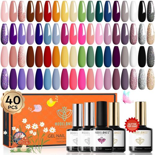 Asas-Lot Vernis Semi Permanent 40 Pcs,Vernis Gel Uv Semi Permanent 36 Couleurs Toutes Saisons Vernis À Ongles Rose Rouge Gel Vernis Soak Off Base& Matte& Glitter& Glossy Top Coat Nail Art 