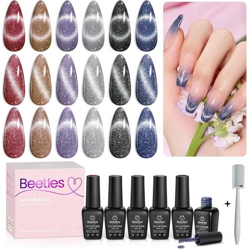 Asas-Beetles 9d Cat Eye Vernis Semi Permanent,6 Couleurs Lot De Vernis À Ongles Gels Laser Holographique Rouge Bleu Marine Violet Paillettes Noir,Sèche Sous Lampe Uv/Led Cadeaux Pour Femmes