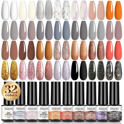 Asas-32 Pcs Vernis Semi Permanent,28 Couleurs Vernis Gel Et Base Coat Top Matte Top Coat Primer,Lot Vernis Gel Semi Permanent Blanc Noir Gris Marron Pailleté Uv Led Vernis À Ongles Gels Mini 