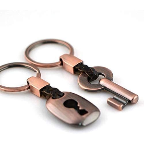 Asas-1 Paire De Couple Porte-Clés,En Forme De Clé Et De Serrure Avec Lien En Cuir Bronze Pour Mâle Et Femelle Valentin Idée Cadeau