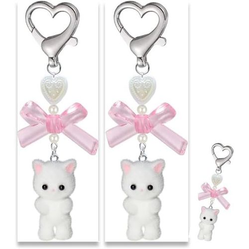 Asas-Lot De 2 Porte-Clés Chat Mignon,Chaton Flou,Décoration De Chat,Cadeau Pour Les Amoureux Des Chats,Y2k,C?ur,Arc,Pendentif Pour Femmes Et Filles,Kawaii,Sac À Main