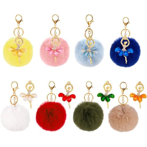 Asas-Porte-Clés Pompons 8 Pièces Porte-Clés Pompon ¿En Fourrure Pom-Pon Porte-Clés Porte Clef Voiture Pompom Porte Clef Avec Strass Et Ballet Porte-Clés Femme Pour Sac À Main(8 Couleurs)