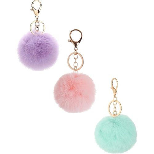 Asas-3 Pièces Porte-Clés De Pompons,Porte-Clés Pompon ¿En Fourrure,Peluche Accessoire De Pendentif Pour Filles Femmes