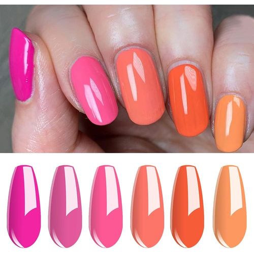 Asas-Lot De 6 Vernis À Ongles Gel Semi Permanent Nuances De Orange & Fushia-Super Shine Et Longue Tenue -8ml 