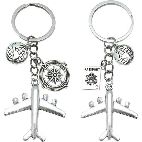 Asas-Lot De 2 Porte-Clés D'avion,Boussole-Cadeau De Voyage Pour Hôtesses De L'air,Pilotes,Globetrotters Et Couples-Année À L'étranger,Argenté,9.2*3.7cm
