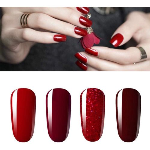 Asas-Lot De 4 Vernis À Ongles Gel Semi Permanent Rouge Paillette Bordeaux Soak Off Uv Led Gel Nail Polish Nail Art Classique Collection 