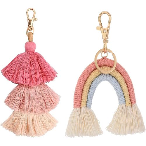 Asas-Porte-Clés Arc-En-Ciel,2 Pièces Porte-Clés Pompon Arc-En-Ciel,Porte-Clés De Voiture Avec Pampilles,Porte Clef Voiture,Corde De Coton Tissé À La Main Pour Femmes Et Filles