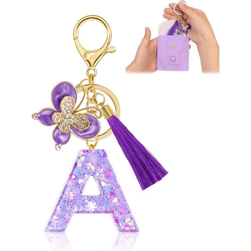 Asas-Porte-Clés Pour Fille Lettre,Porte-Clés Pour Femme Avec Lettre Initiale,Alphabet Pendentif Initiale En Résine,Keyring Avec Pendentif Papillon Et Pampille,Cadeau Pour Femme Violet