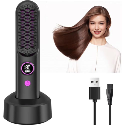 Asas-Bindokun Brosse Lissante Sans Fil Avec Station De Recharge,Mini Fer À Lisser Anti-Brûlure Pour Cheveux,20 Secondes De Chauffe Rapide Et 9 Niveaux De Chaleur