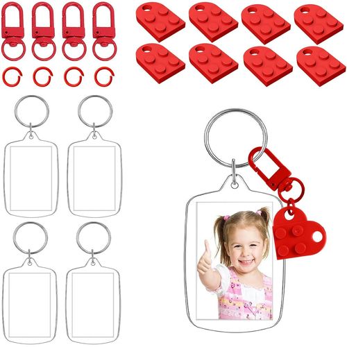 Asas-4 Pièces Porte-Clés Photo,Porte Clef Photo Vierge En Acrylique,Porte Clés Cadres Photo Transparents Avec 4 Porte-Clés En Forme De C?Ur Rouge,Pour Famille,Des Couples,Diy Souvenir