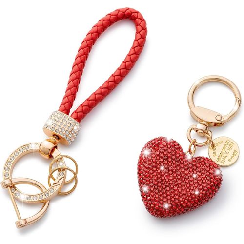 Asas-Coeur Porte-Clés Partenaire Voiture Porte-Clés Paillettes Strass Porte-Clés Couple Cadeau,Saint Valentin,Noël,Rouge