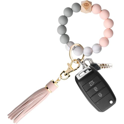 Asas-Bracelet Porte Clés En Silicone,Porte Clef Femme Avec Pampilles Et Perles Rondes En Silicone,Porte Clés De Voiture Élastique En Silicone Perlé Pour Femmes Et Filles