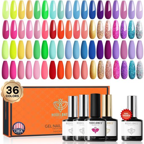 Asas-Lot Vernis Semi Permanent 40 Pcs,36 Couleurs Néon Paillettes Rose Rouge Vert Bleu Jaune,Gel Vernis Shellac Pour Salon,Base& Matte& Glitter& Glossy Top Coat,Art Des Ongles Manucure 