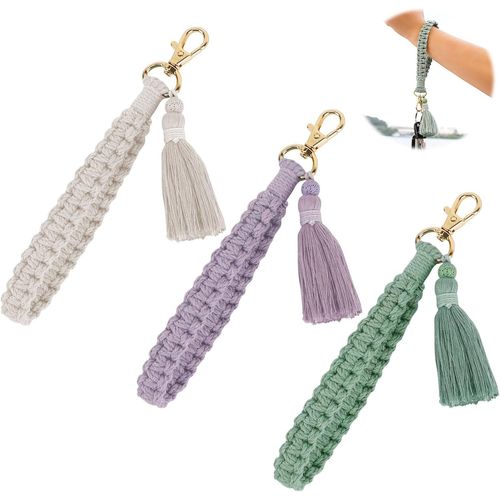 Asas-3 Pièces Femme Porte-Clés En Macramé,Porte-Clés En Corde Tressée Boho,Lanière Macramé Porte-Clés Tressé Avec Pompon Pour Clés De Voiture Et Téléphone Portable