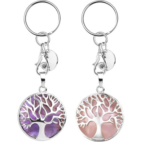Asas-2pcs Porte-Clés En Pierre Précieuse Naturelle,Arbre De Vie Lithothérapie Reiki Porte-Bonheur,Pendentif De Poche Améthyste,Décoration De Santé
