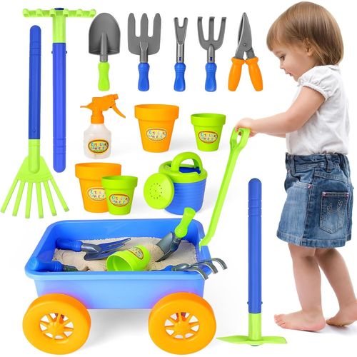 ChenQuanSarl-Ensemble De Jardinage Avec Brouette Enfants, Pelle, Râteau, Pots De Plantes, Arrosoir, 14Pcs Kit De Jeu Avec Outils De Jardinage Pour Enfants, Set D'Outils De Jardinage 3 Ans +, Cadeau E