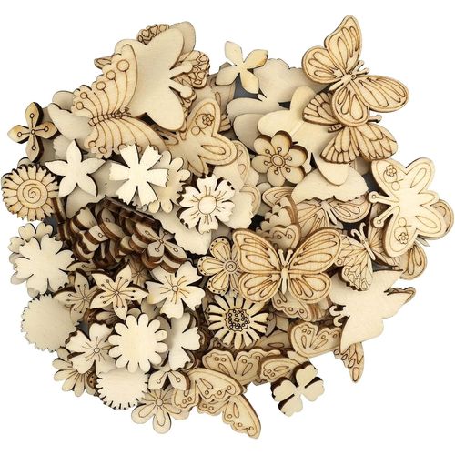 Anwxai-Lot De 200 Décorations En Bois En Forme De Feuille De Fleurs Décoration Bois Naturel Embellissements Fleurs Papillons Feuilles Pour Arbres De Noël Scrapbooking Artisanat De Bricolage Décorer