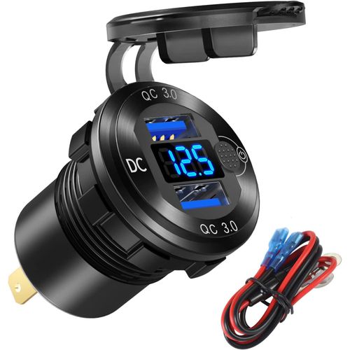 Anwxai-Prise De Chargement Rapide 3.0 Double Usb 12v/24v Pour Voiture Avec Voltmètre Bleu-Kit Chargeur Allume-Cigarette En Aluminium Étanche Pour Voiture,Moto,Bateau,Golf