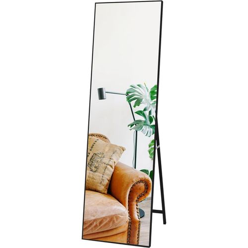 anwxai-Grand Miroir Sur Pied Avec Cadre Noir,140X41cm Miroir En Verre Trempé,Miroir A Poser Au Sol Pour Chambre À Coucher Salon Ou Salle De Bain