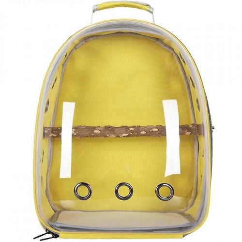 Pet Parrot Sac à dos de voyage Cage à oiseaux transparente Grande taille - Jaune avec bâton debout en bois de poivrier