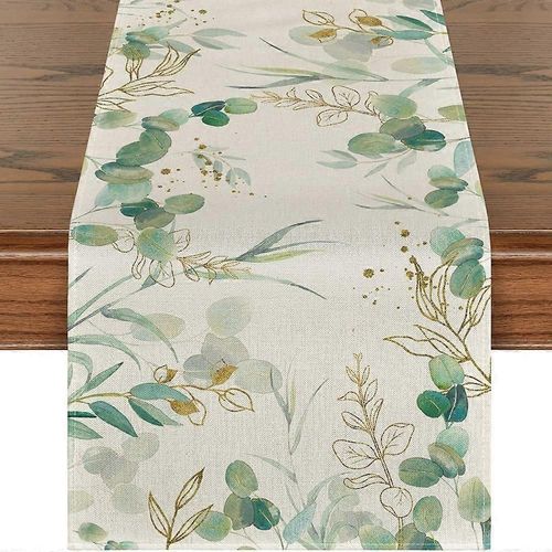 Chemin De Table En Lin Avec Feuilles De Plantes Vertes, Parfait Pour Les Mariages Et La Décoration De Vacances, Utilisation Intérieure/Extérieure, Taille 33x180 Cm