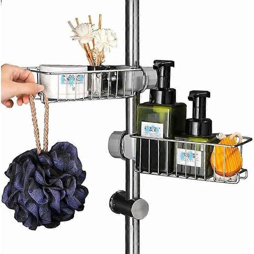 Ensemble de 2 étagères de douche réglables en acier inoxydable, caddie télescopique sans perçage avec porte-savon et crochet pour salle de bain/cuisine