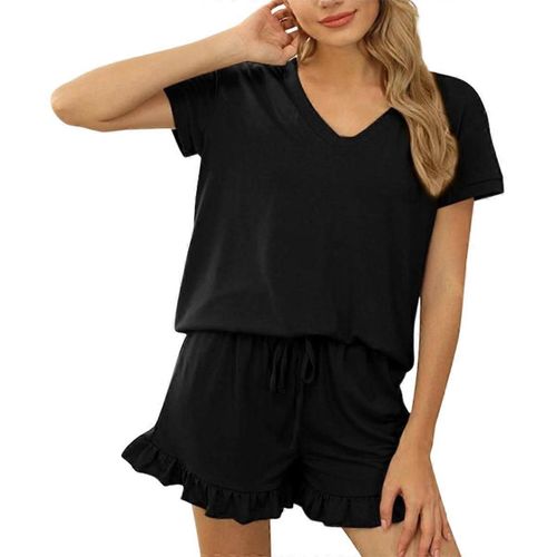 Femmes Pyjamas Ensemble 2 Pièces Couleur Pure Col V Manches Courtes Hauts Cordon De Serrage Shorts Vêtements De Nuit Vêtements De Détente