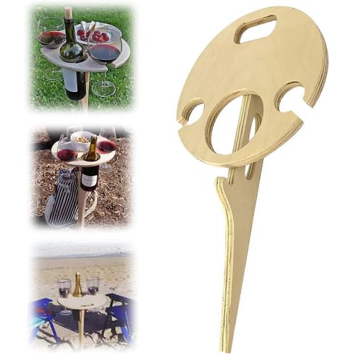Table À Vin Portable En Bois Pour L'extérieur, Table De Pique-Pliable Avec Support En Verre, Idéale Pour La Plage Ou Le Jardin.