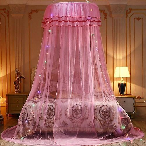 Filet De Rideau De Lit De Moustiquaire De Style Princesse À Baldaquin Rond (Rose)