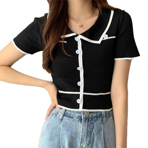 Blouse Tricotée À Simple Boutonnage À Manches Courtes Col Rabattu Bouton Devant Chemisier Tricoté Pour Les Femmes Rencontres D'été Noir Taille Libre (82.7-132.3lb)
