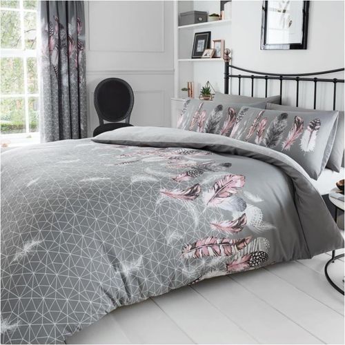 Naeryut-Easy Care Polycotton Reversible Duvet Cover Bedding Set,Feathers Design,Grey,Super King (260x220 Cm)