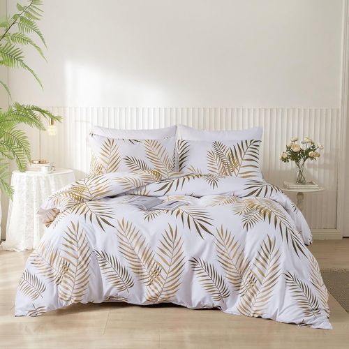 Naeryut-3-Piece Bedding Set,Duvet Cover 155x220 Cm And 2 Pillowcases 80x80 Cm,Leaf Design,Gold And White,Leaf Pattern,Gold And Gold