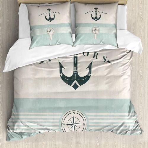 Naeryut-Nautique Duvet Cover Set,Vintage Marine Anchor,Decorative,3 Pieces With 2 Pillowcases,155 Cmx220 Cm,Seafoam Black Beige