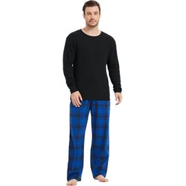 Naeryut-Mens 2 Piece Pajama Set 100% Cotton Drawstring Waist Pajama Set Flannel Pants With Pockets Loungewear For Men