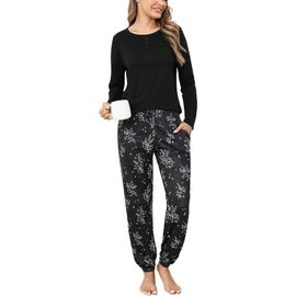 Naeryut-Long Sleeve Pajamas Set Cotton Round Neck Comfortable Casual Travel Pajamas With Drawstring Pants With Pockets Autumn And Winter Home Wear