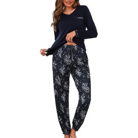 Naeryut-Women's Winter Long Sleeve Cotton V Neck Comfortable Casual Pajamas With Drawstring Pants With Pockets Home Wear