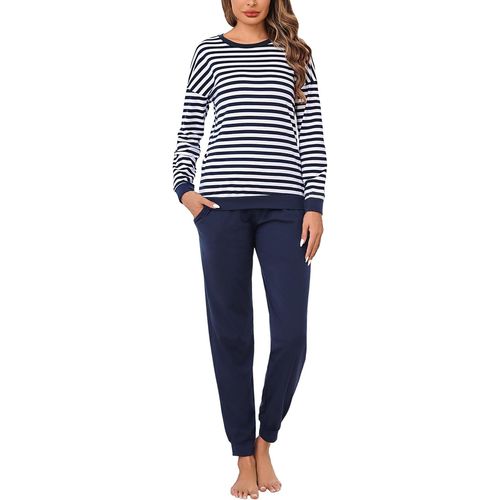 Naeryut-Women's Pyjamas Sets Cotton Pyjamas Winter Long Sleeve Sleepwear Striped Round Neck Warm And Soft Home Suit