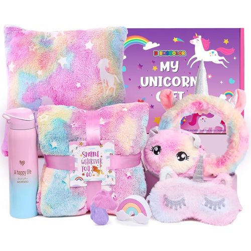 Naeryut-Unicorn Gift Girl 5 6 7 8 9 10 11 Years Plush Unicorn Blanket Plaid Girl Insulated Bottles Headband Bath Bombs Mask Sleep Christmas Birthday Gift Child Girl