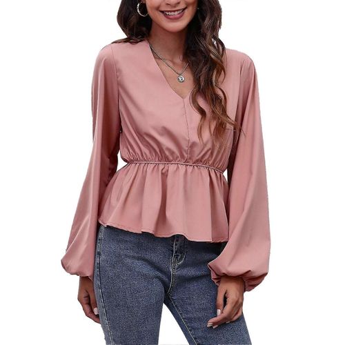 Chemisier Col En V Bouffant À Manches Longues Taille Amincissant Couleur Pure Hauts À La Mode Pour Femmes Rose Xl