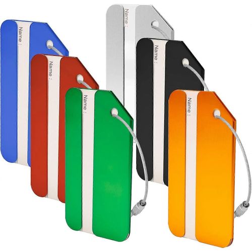 Paquet de 6 étiquettes de bagages en aluminium, 7,7 x 4 cm Étiquette de bagage Étiquette de valise de voyage avec étiquette d'adresse Câble en acier inoxydable Carte étanche pour
